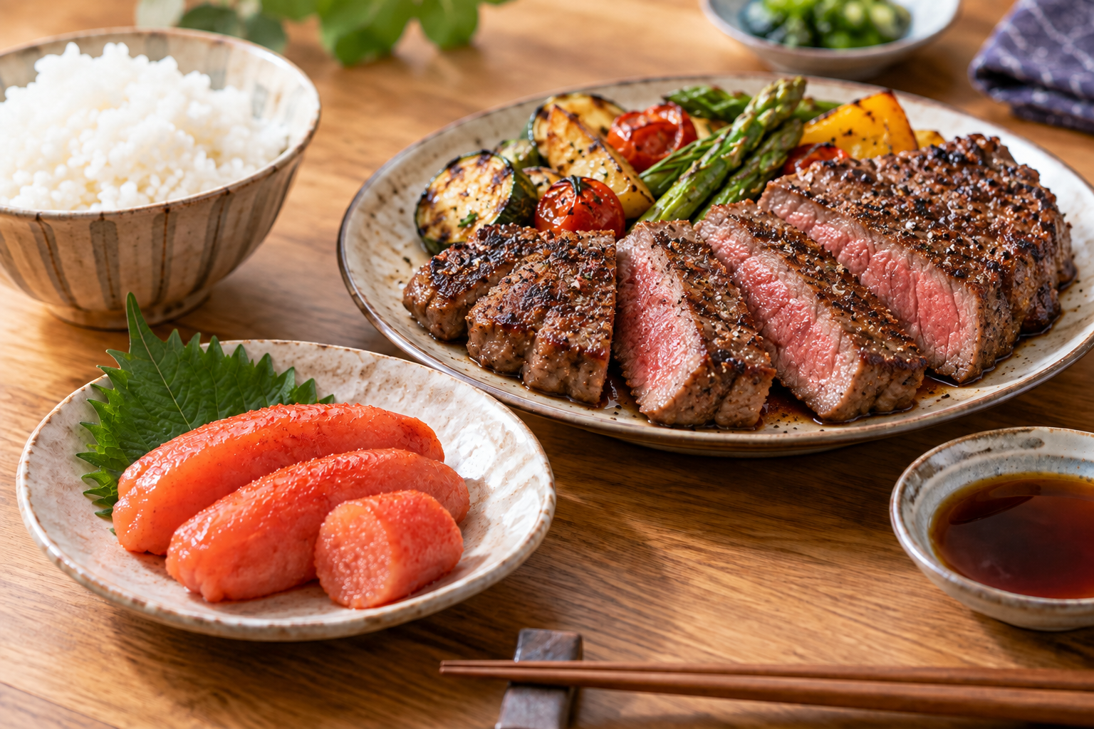 辛子明太子とステーキの食卓イメージ