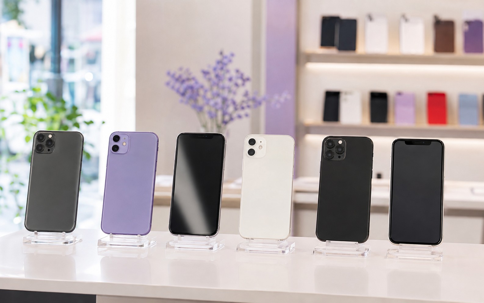 ショップに並ぶ複数のスマートフォン